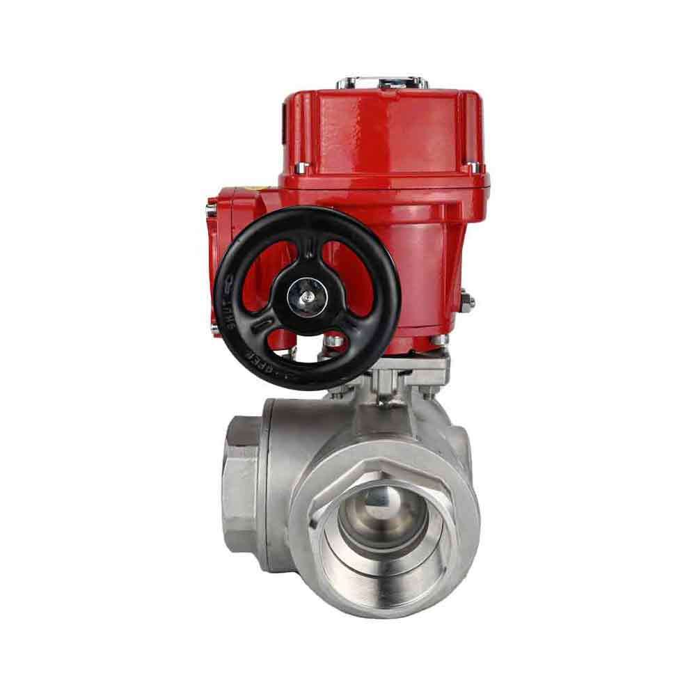 Válvula de bola de acero inoxidable Elephant RP.SS316.200.MM.ISO 914 PSI roscada, puerto estándar, tres vías, tipo L, material del cuerpo - acero inoxidable AISI 316, con actuador eléctrico de cuarto de vuelta Elephant QT-W (M) EX 220V