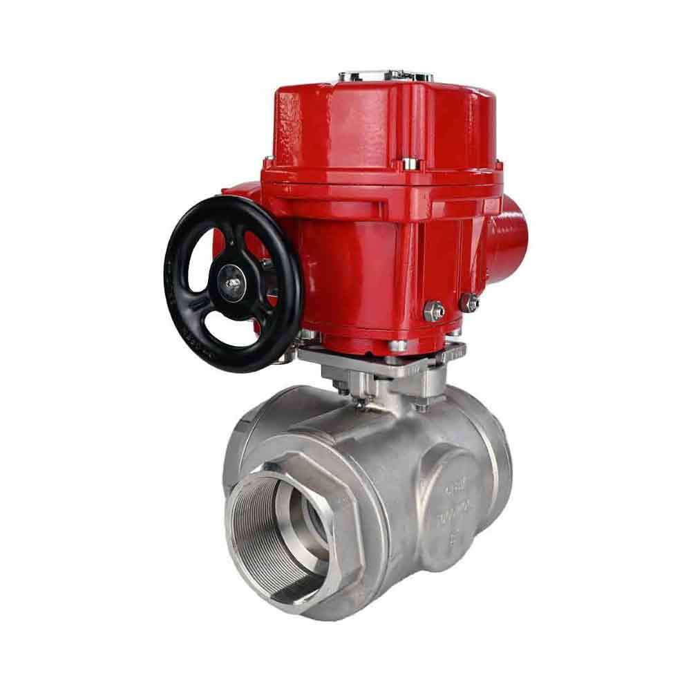 Válvula de bola de acero inoxidable Elephant RP.SS316.200.MM.ISO 914 PSI roscada, puerto estándar, tres vías, tipo L, material del cuerpo - acero inoxidable AISI 316, con actuador eléctrico de cuarto de vuelta Elephant QT-W (M) EX 220V