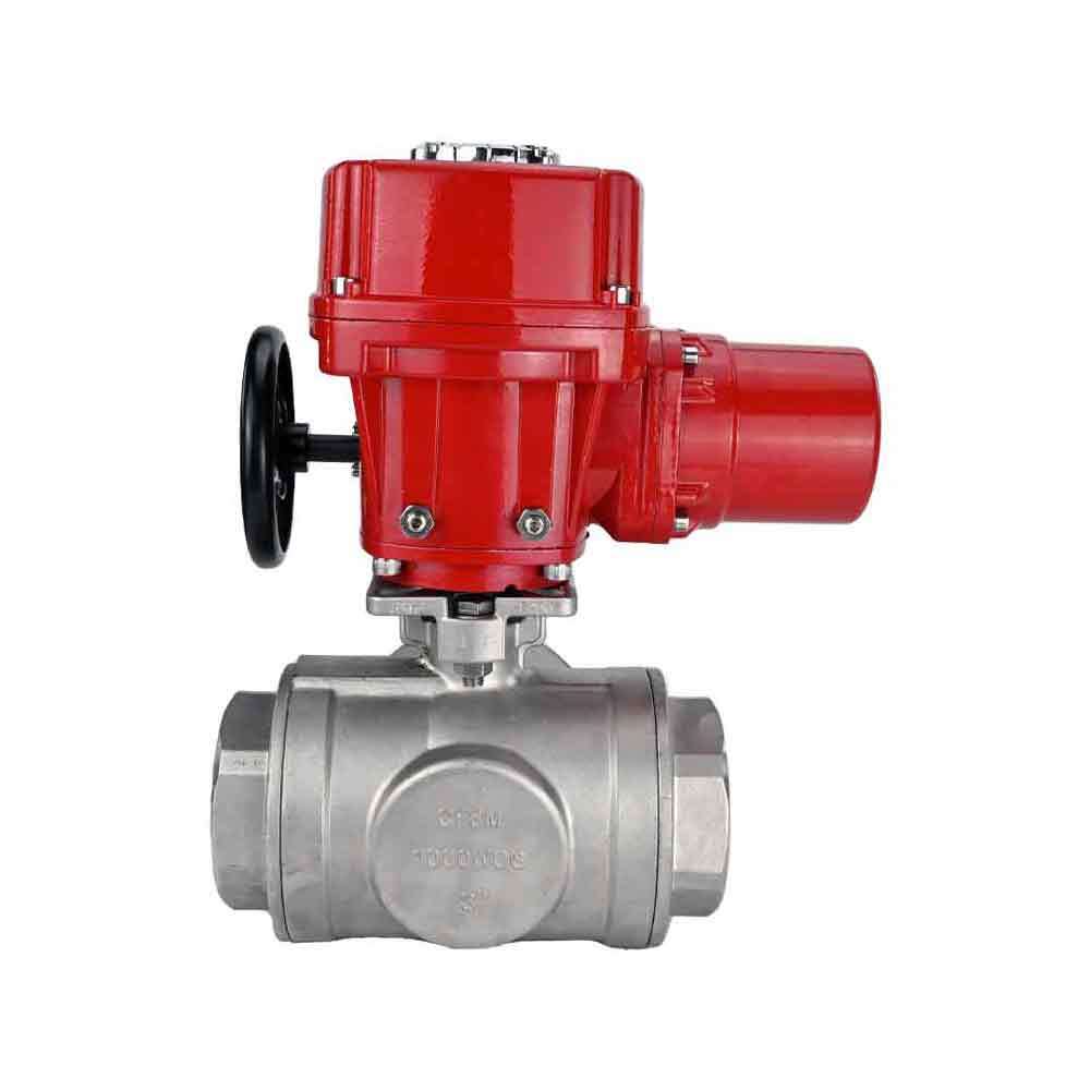 Válvula de bola de acero inoxidable Elephant RP.SS316.200.MM.ISO 914 PSI roscada, puerto estándar, tres vías, tipo L, material del cuerpo - acero inoxidable AISI 316, con actuador eléctrico de cuarto de vuelta Elephant QT-W (M) EX 220V