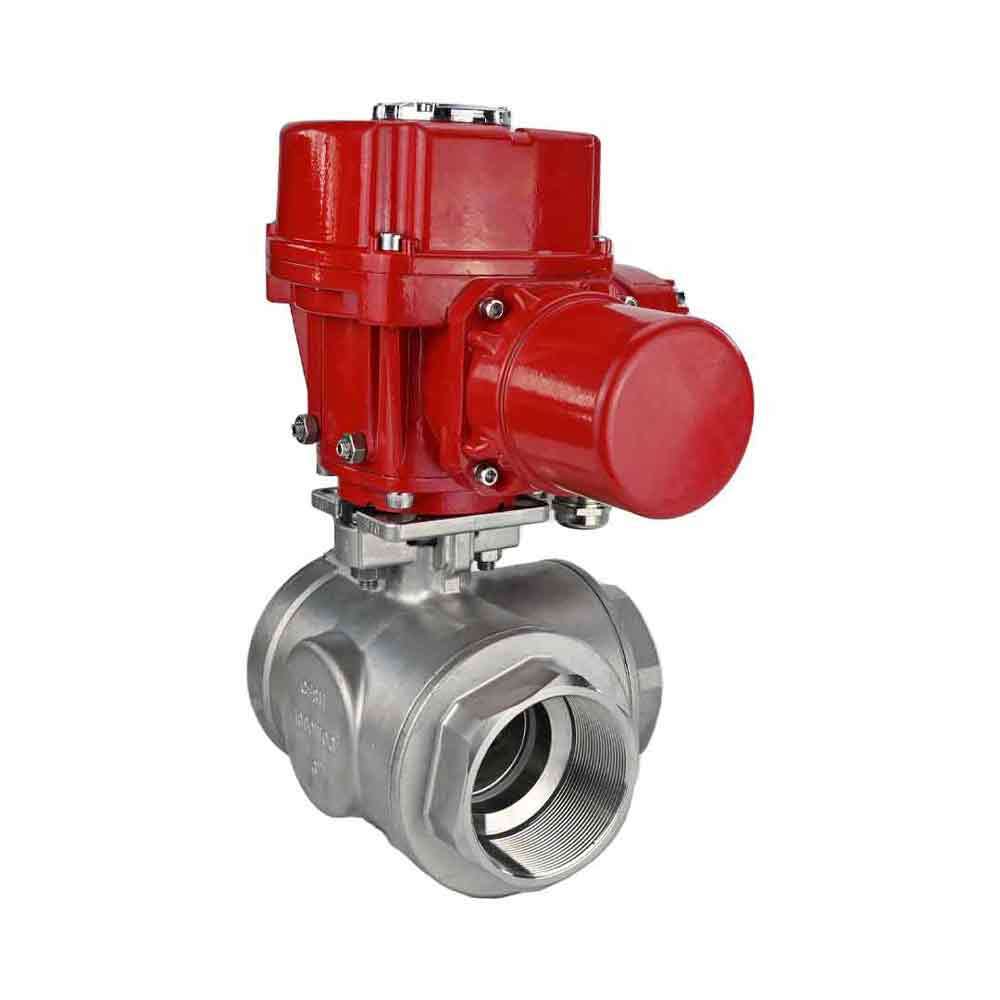 Válvula de bola de acero inoxidable Elephant RP.SS316.200.MM.ISO 914 PSI roscada, puerto estándar, tres vías, tipo L, material del cuerpo - acero inoxidable AISI 316, con actuador eléctrico de cuarto de vuelta Elephant QT-W (M) EX 220V