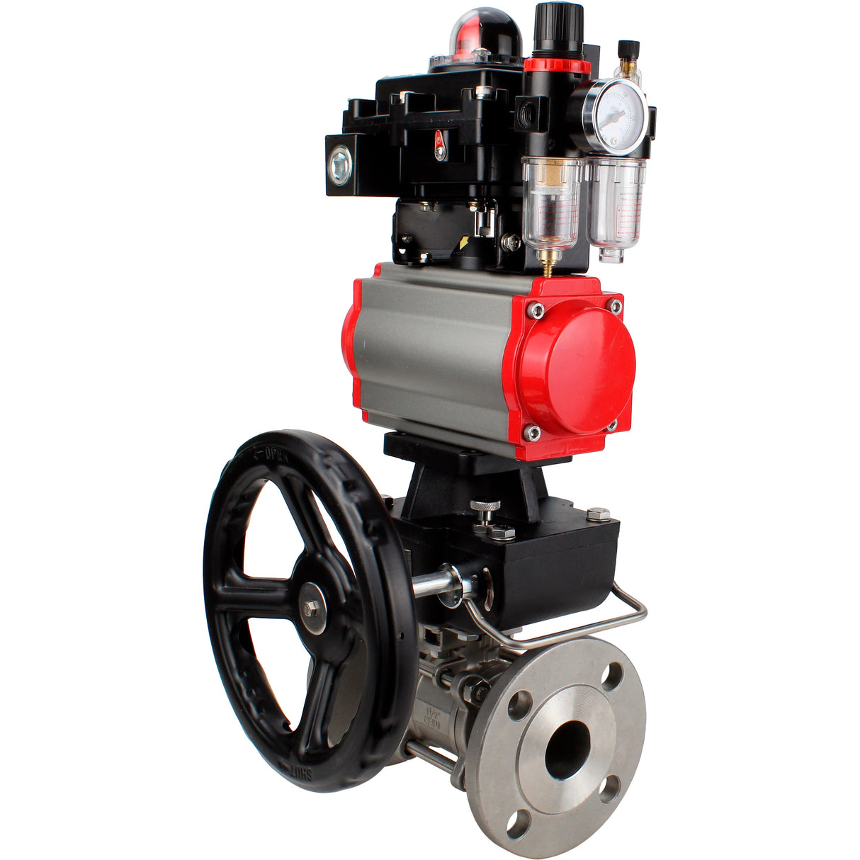 Ball valves Elephant BV3131P(3pc)-FP-F-ISO-H 16 bar, three-piece full bore flanged, stainless steel SS304, PTFE, with pneumatic drive PA-DA, with pneumatic distributor 4M310-08 220V, with LSU APL- 410N EX, with manual Doubler MON1-250-T26-ISO, with ATU AF