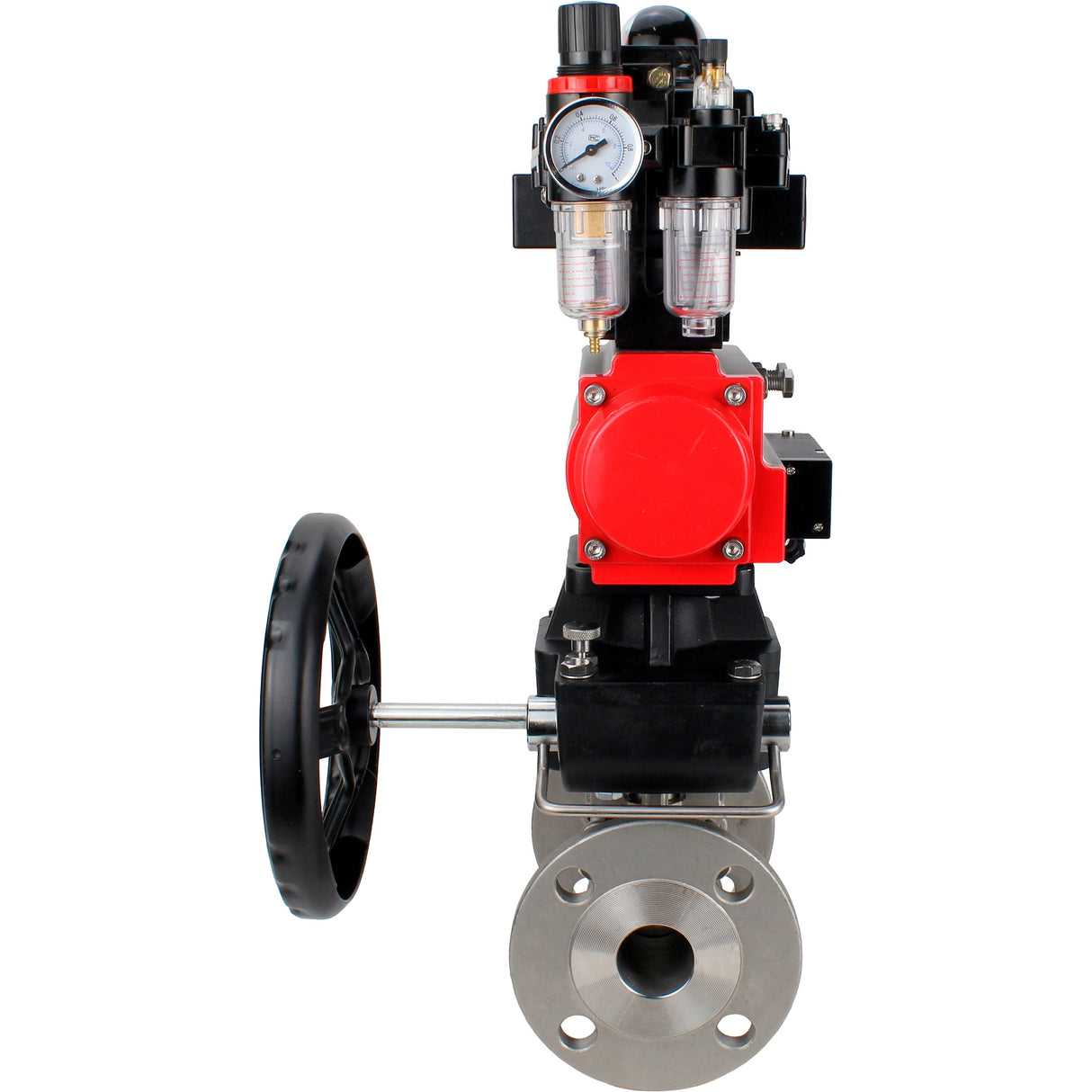 Ball valves Elephant BV3131P(3pc)-FP-F-ISO-H 16 bar, three-piece full bore flanged, stainless steel SS304, PTFE, with pneumatic drive PA-DA, with pneumatic distributor 4M310-08 220V, with LSU APL- 410N EX, with manual Doubler MON1-250-T26-ISO, with ATU AF