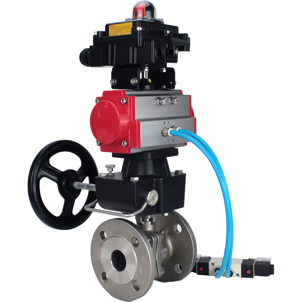 Ball valves Elephant BV3232P(2pc)-FP-F-ISO-H,  body material - Stainless steel AISI 316, seal - PTFE / PTFE / Teflon, with pneumatic actuator double action PA-DA, 4V320-10 220V, LSU APL-410N Ex, handwheel MON