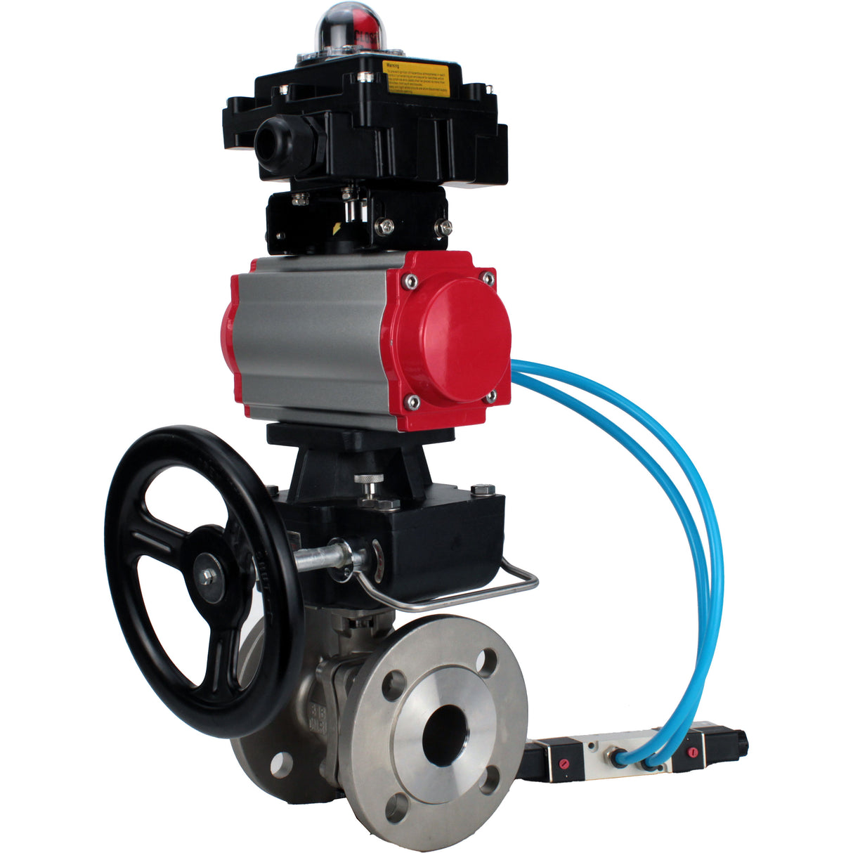 Ball valves Elephant BV3232P(2pc)-FP-F-ISO-H,  body material - Stainless steel AISI 316, seal - PTFE / PTFE / Teflon, with pneumatic actuator double action PA-DA, 4V320-10 220V, LSU APL-410N Ex, handwheel MON
