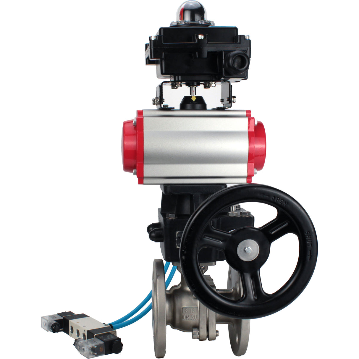 Ball valves Elephant BV3232P(2pc)-FP-F-ISO-H,  body material - Stainless steel AISI 316, seal - PTFE / PTFE / Teflon, with pneumatic actuator double action PA-DA, 4V320-10 220V, LSU APL-410N Ex, handwheel MON