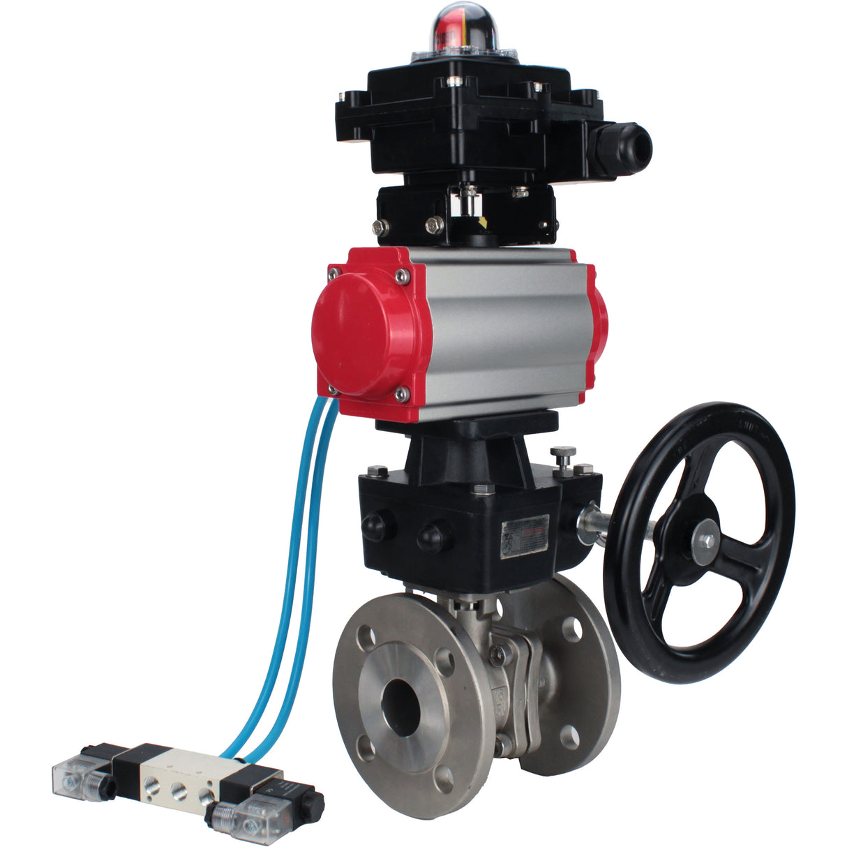 Ball valves Elephant BV3232P(2pc)-FP-F-ISO-H,  body material - Stainless steel AISI 316, seal - PTFE / PTFE / Teflon, with pneumatic actuator double action PA-DA, 4V320-10 220V, LSU APL-410N Ex, handwheel MON