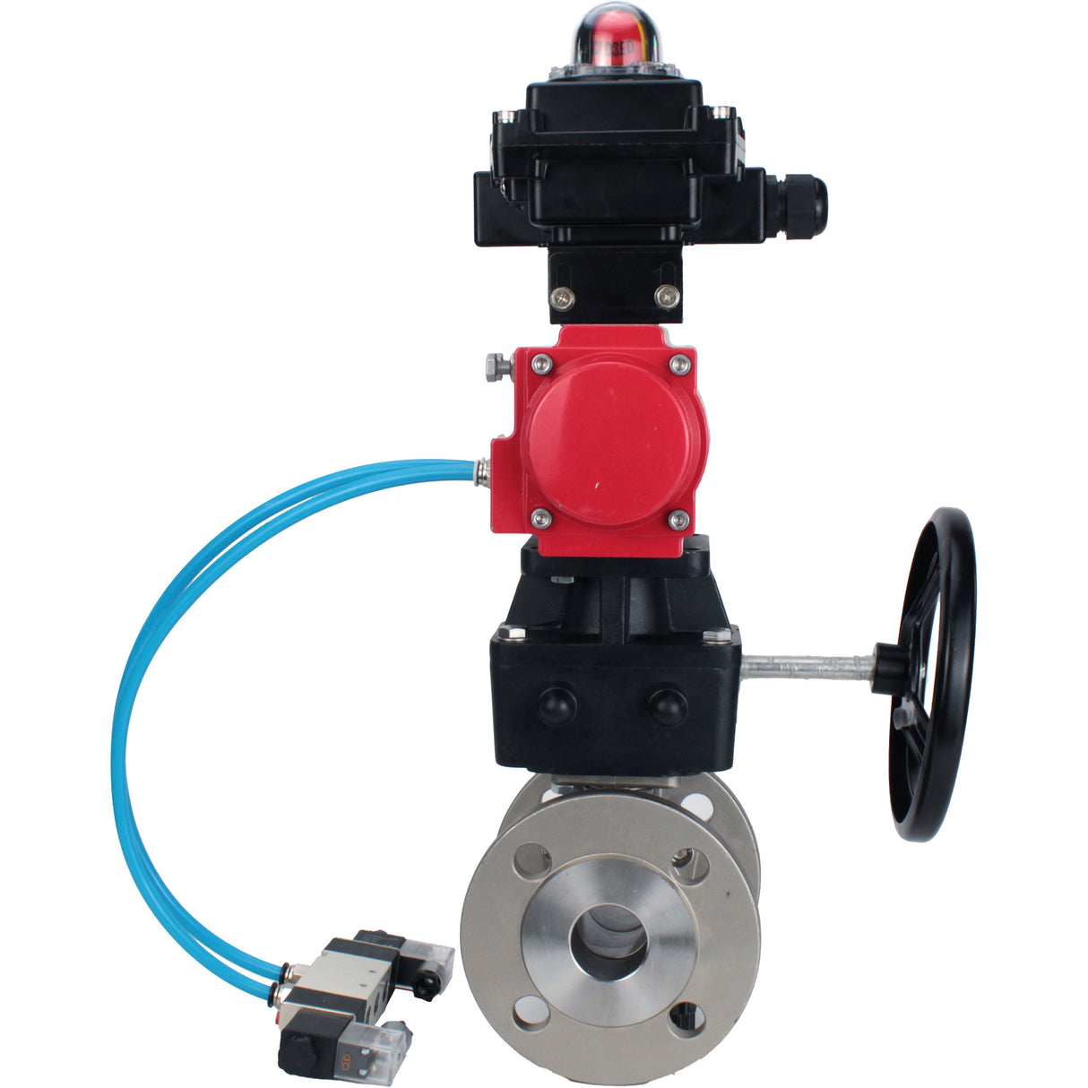 Ball valves Elephant BV3232P(2pc)-FP-F-ISO-H,  body material - Stainless steel AISI 316, seal - PTFE / PTFE / Teflon, with pneumatic actuator double action PA-DA, 4V320-10 220V, LSU APL-410N Ex, handwheel MON