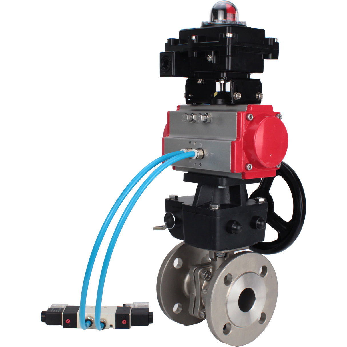 Ball valves Elephant BV3232P(2pc)-FP-F-ISO-H,  body material - Stainless steel AISI 316, seal - PTFE / PTFE / Teflon, with pneumatic actuator double action PA-DA, 4V320-10 220V, LSU APL-410N Ex, handwheel MON
