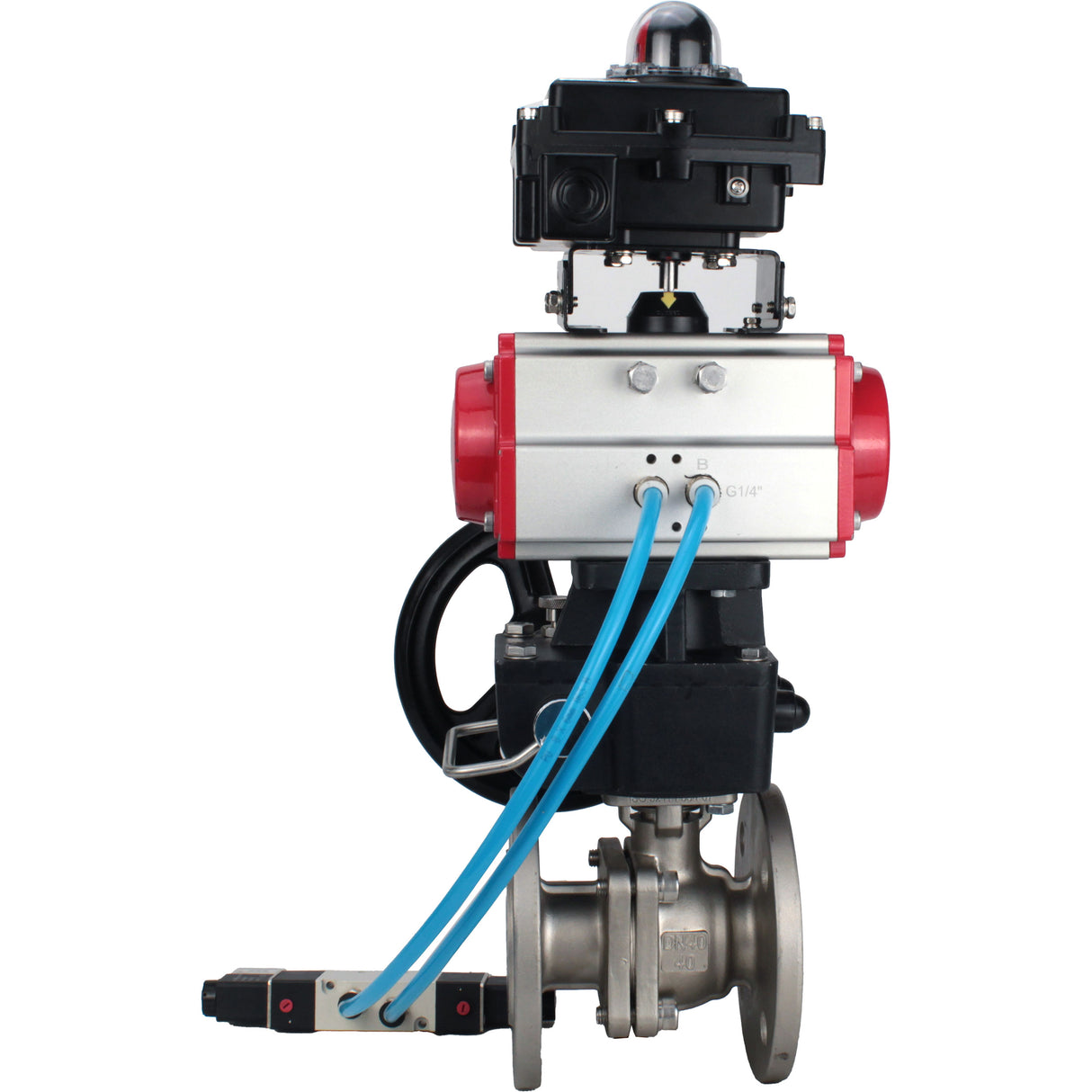 Ball valves Elephant BV3232P(2pc)-FP-F-ISO-H,  body material - Stainless steel AISI 316, seal - PTFE / PTFE / Teflon, with pneumatic actuator double action PA-DA, 4V320-10 220V, LSU APL-410N Ex, handwheel MON