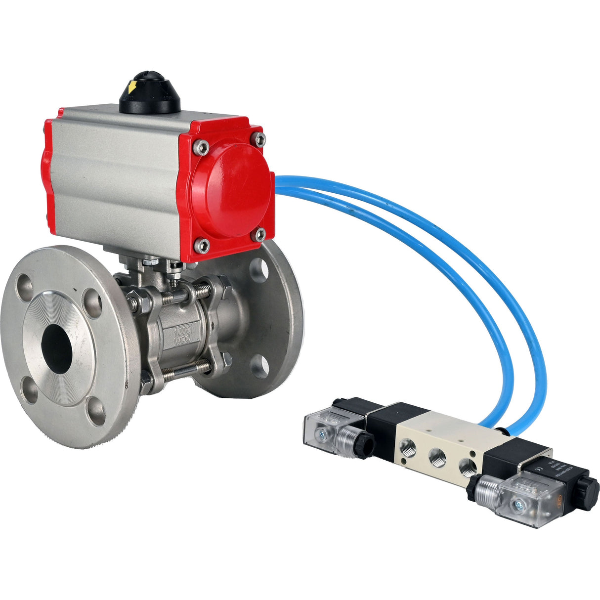 Vannes à boisseau sphérique Elephant BV3131P(3pc)-FP-F-ISO-H 16 bar, trois pièces à passage intégral à brides, acier inoxydable SS304, joint - PTFE, avec actionneur pneumatique PA-SA avec ressorts de rappel, avec distributeur pneumatique 4V320-10 220V