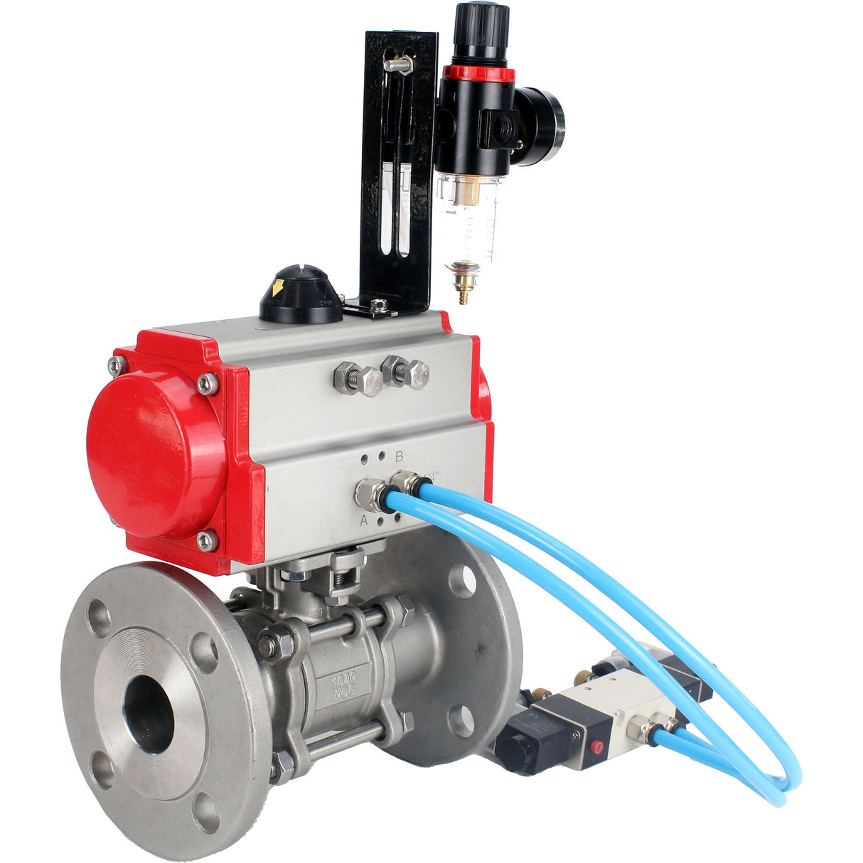 Ball valves Elephant BV3131P(3pc)-FP-F-ISO-H 16 bar, three-piece full bore flanged, stainless steel SS304, seal - PTFE, with pneumatic actuator PA-SA with return springs, with pneumatic distributor 4V320-08 220V, with GSV AFC2000