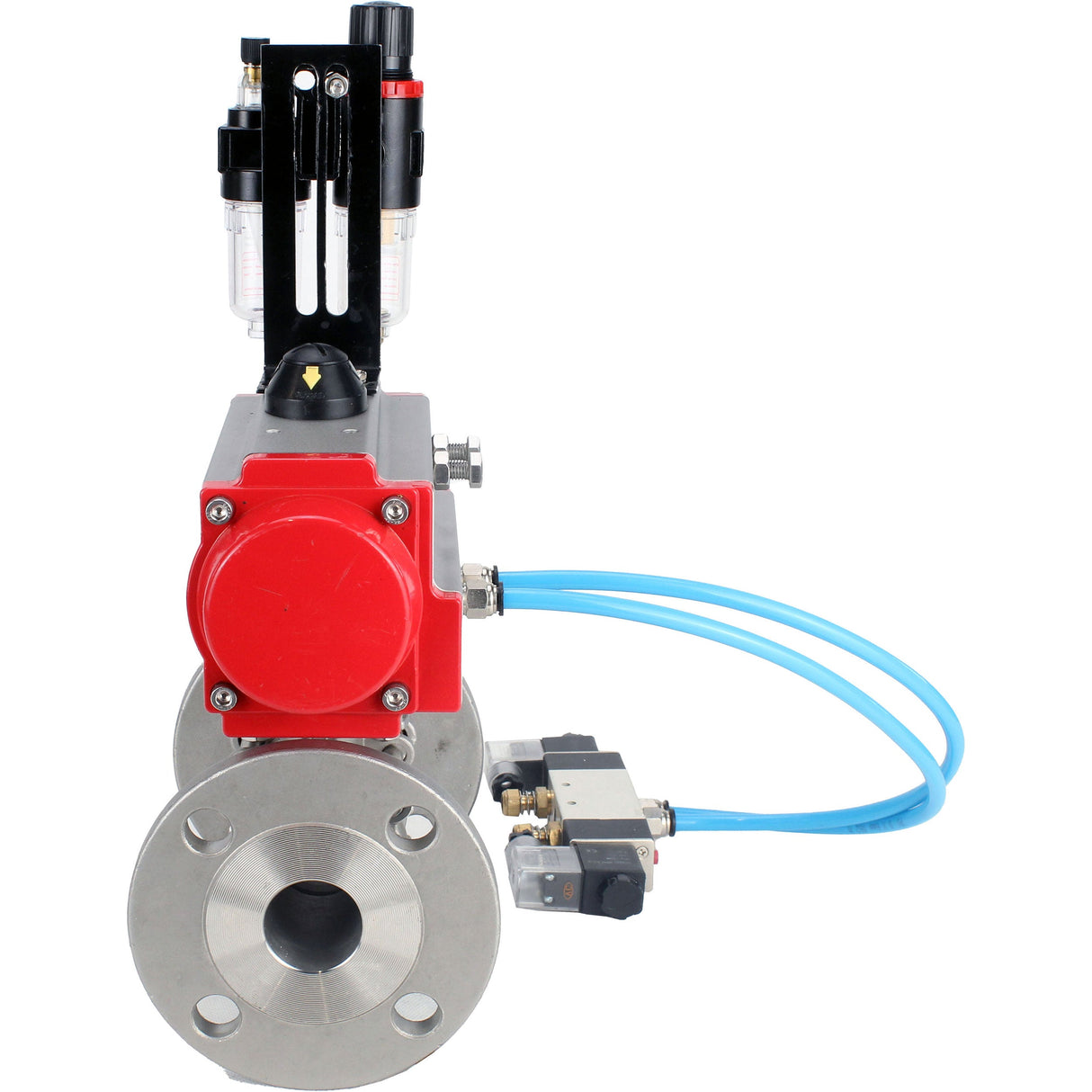 Ball valves Elephant BV3131P(3pc)-FP-F-ISO-H 16 bar, three-piece full bore flanged, stainless steel SS304, seal - PTFE, with pneumatic actuator PA-SA with return springs, with pneumatic distributor 4V320-08 220V, with GSV AFC2000
