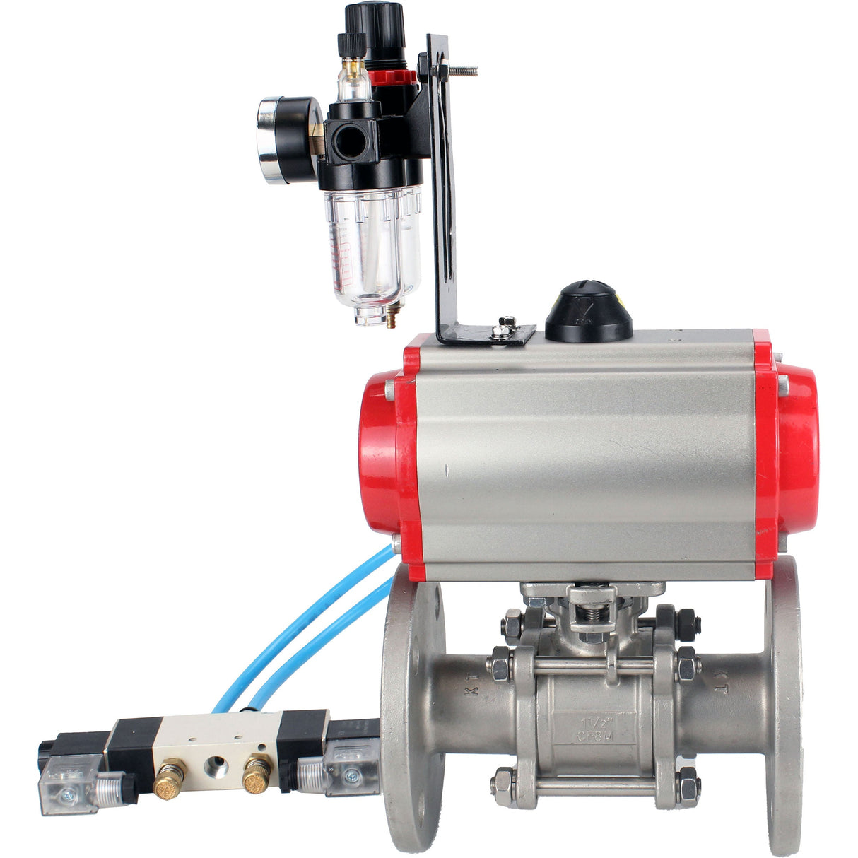 Ball valves Elephant BV3131P(3pc)-FP-F-ISO-H 16 bar, three-piece full bore flanged, stainless steel SS304, seal - PTFE, with pneumatic actuator PA-SA with return springs, with pneumatic distributor 4V320-08 220V, with GSV AFC2000