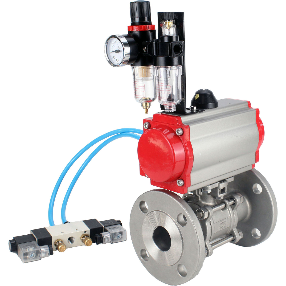 Ball valves Elephant BV3131P(3pc)-FP-F-ISO-H 16 bar, three-piece full bore flanged, stainless steel SS304, seal - PTFE, with pneumatic actuator PA-SA with return springs, with pneumatic distributor 4V320-08 220V, with GSV AFC2000
