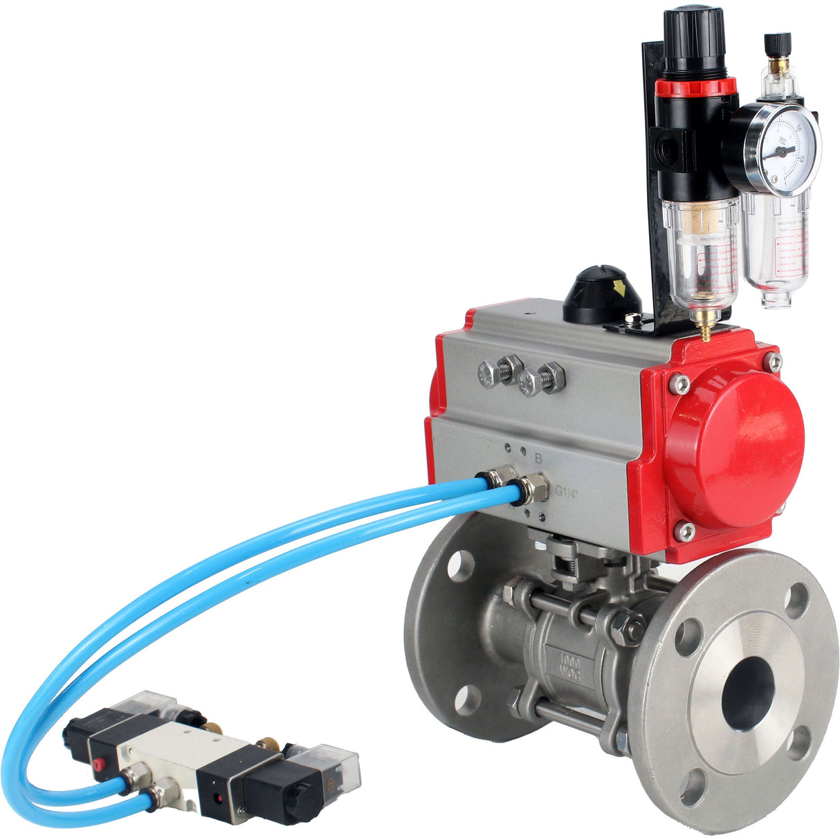 Ball valves Elephant BV3131P(3pc)-FP-F-ISO-H 16 bar, three-piece full bore flanged, stainless steel SS304, seal - PTFE, with pneumatic actuator PA-SA with return springs, with pneumatic distributor 4V320-08 220V, with GSV AFC2000