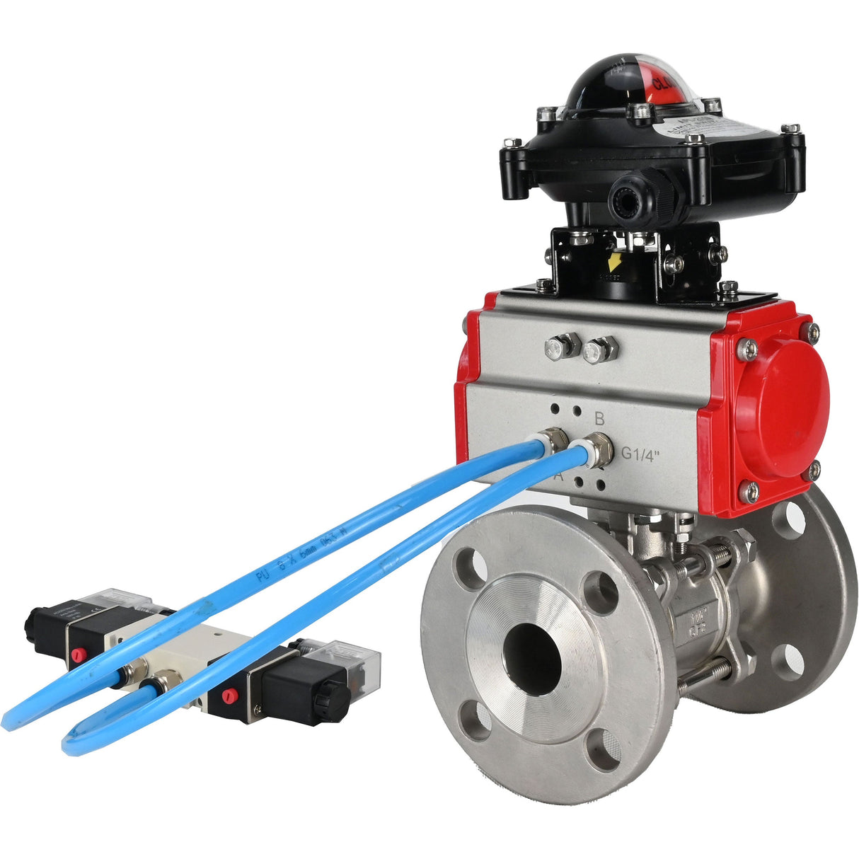 Ball valves Elephant BV3131P(3pc)-FP-F-ISO-H 16 bar, three-piece full bore flanged, stainless steel SS304, seal - PTFE, with pneumatic actuator PA-SA with return springs, with pneumatic distributor 4V320-10 220V, with LSU APL-210N