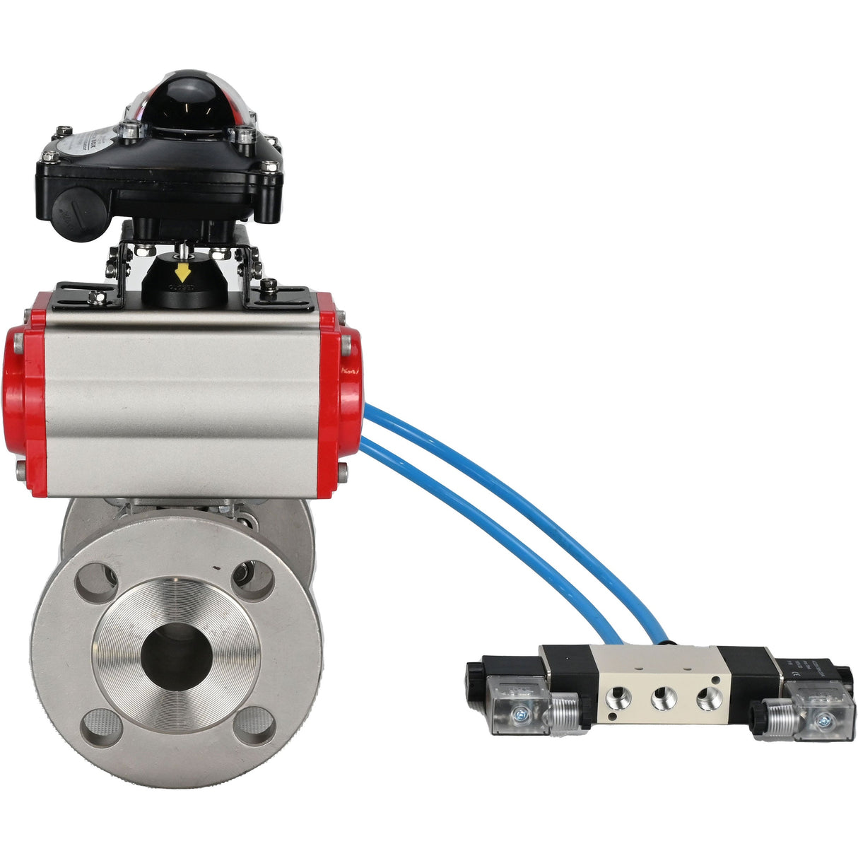 Ball valves Elephant BV3131P(3pc)-FP-F-ISO-H 16 bar, three-piece full bore flanged, stainless steel SS304, seal - PTFE, with pneumatic actuator PA-SA with return springs, with pneumatic distributor 4V320-10 220V, with LSU APL-210N