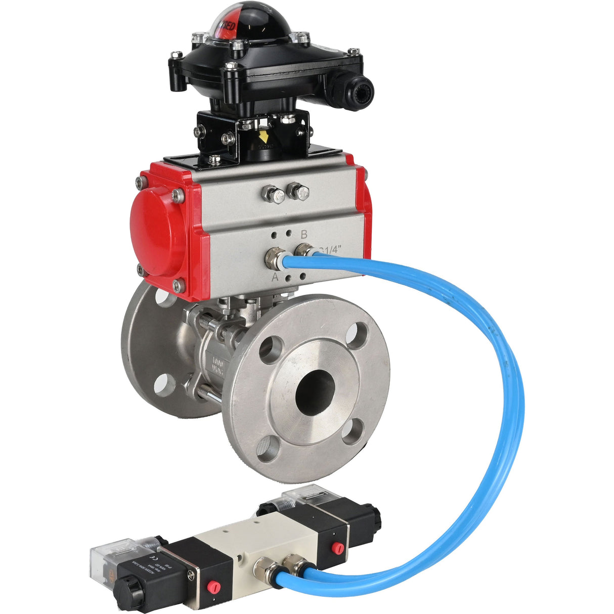 Ball valves Elephant BV3131P(3pc)-FP-F-ISO-H 16 bar, three-piece full bore flanged, stainless steel SS304, seal - PTFE, with pneumatic actuator PA-SA with return springs, with pneumatic distributor 4V320-10 220V, with LSU APL-210N
