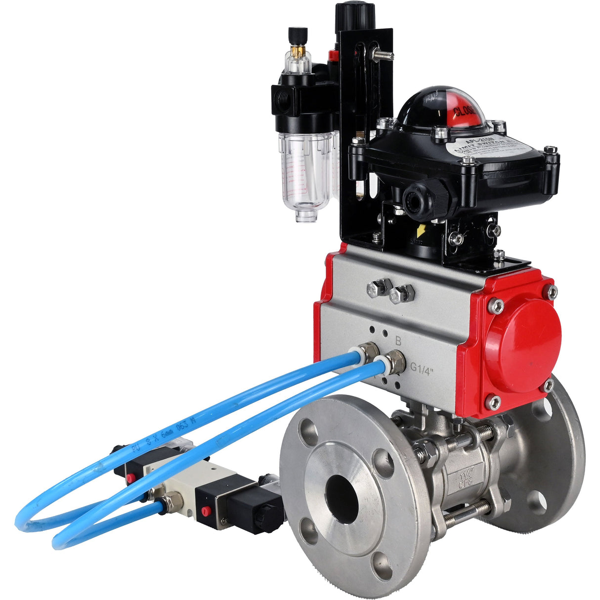 Ball valves Elephant BV3131P(3pc)-FP-F-ISO-H 16 bar, three-piece full bore flanged, stainless steel SS304, seal - PTFE, with double-acting PA-DA pneumatic actuator, with pneumatic distributor 4V320-08 220V, with LSU APL-210N, with ATU AFC2000