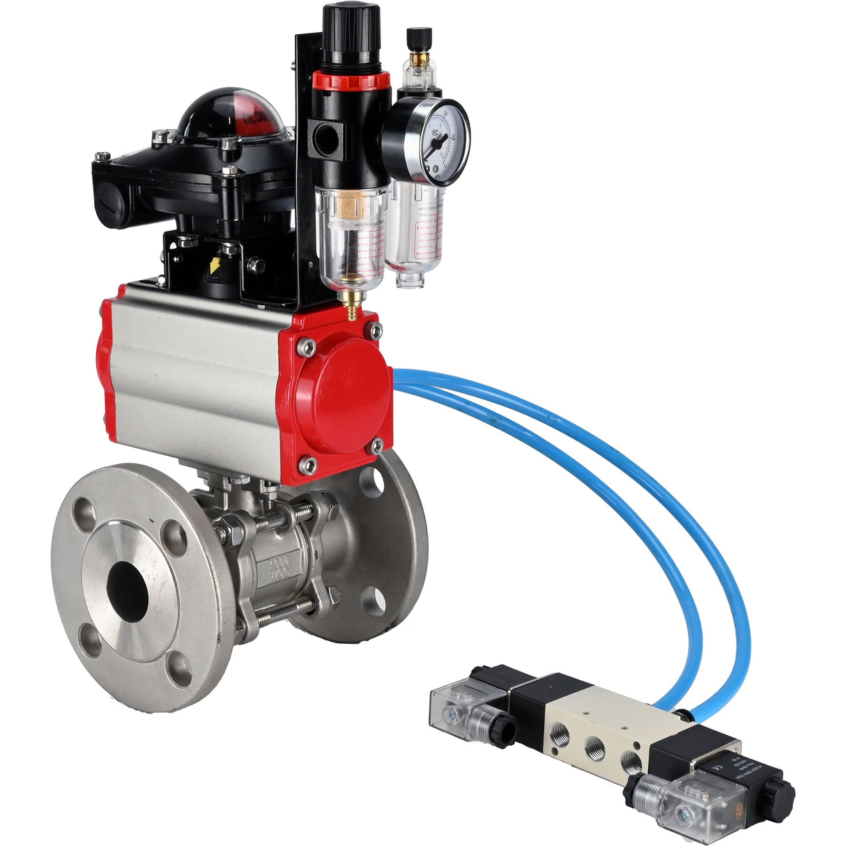 Ball valves Elephant BV3232P(3pc)-FP-F-ISO-H 16 bar, three-piece full bore flanged, stainless steel SS304, PTFE, with pneumatic actuator PA-SA with return springs, with pneumatic distributor 4V320-08 220V, with LSU APL -210N, with ATU AFC2000