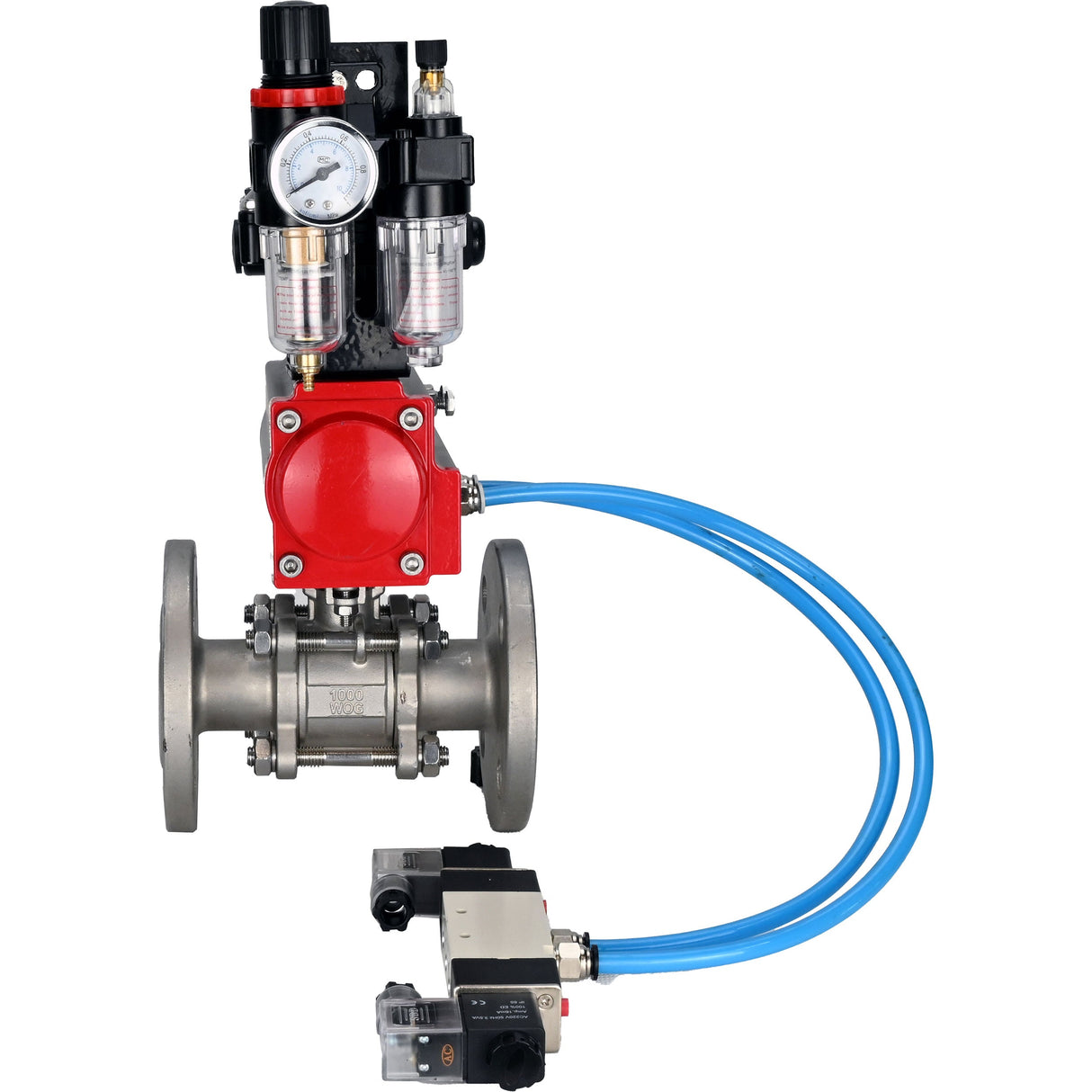 Ball valves Elephant BV3131P(3pc)-FP-F-ISO-H 16 bar, three-piece full bore flanged, stainless steel SS304, seal - PTFE, with double-acting PA-DA pneumatic actuator, with pneumatic distributor 4V320-08 220V, with LSU APL-210N, with ATU AFC2000