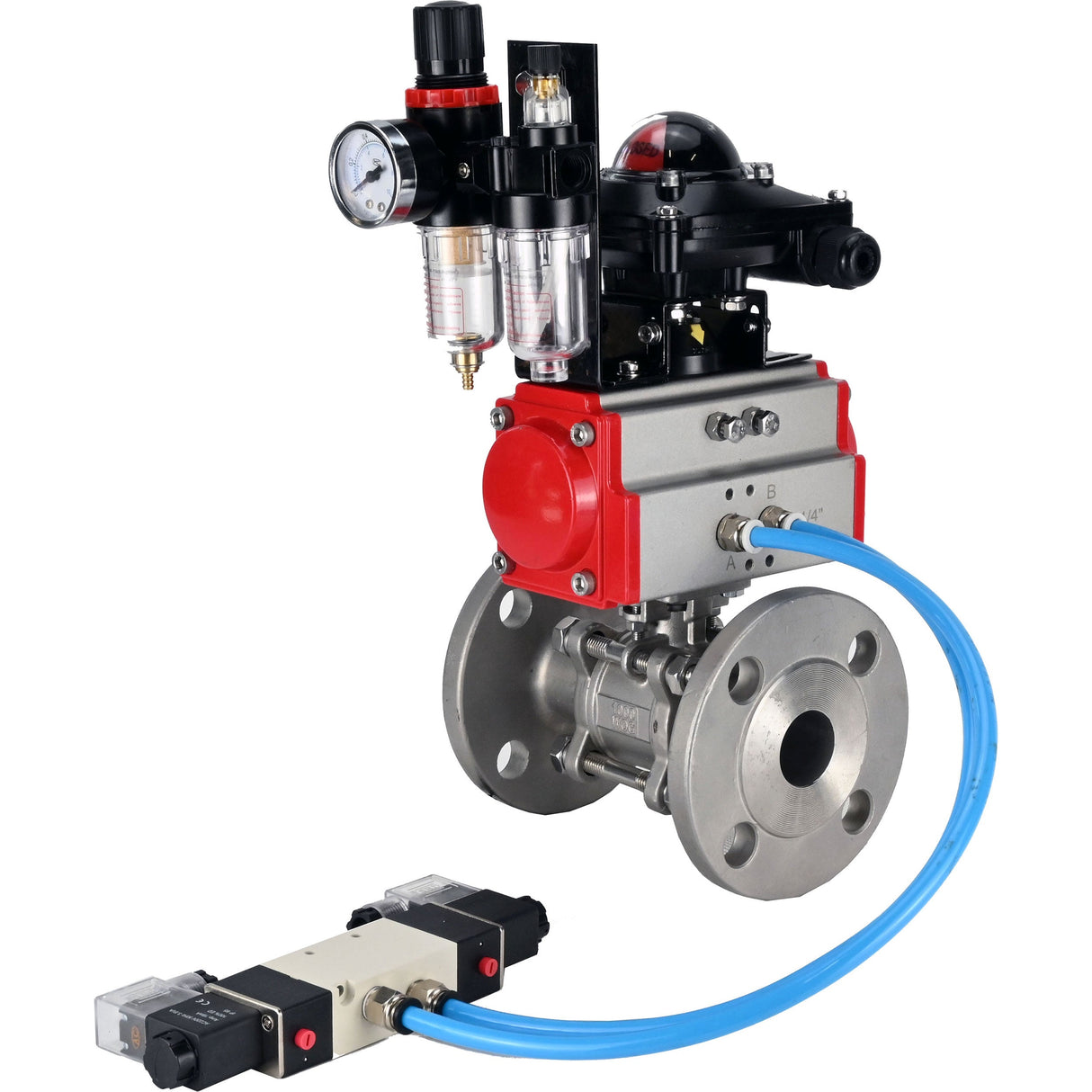Ball valves Elephant BV3131P(3pc)-FP-F-ISO-H 16 bar, three-piece full bore flanged, stainless steel SS304, seal - PTFE, with double-acting PA-DA pneumatic actuator, with pneumatic distributor 4V320-08 220V, with LSU APL-210N, with ATU AFC2000