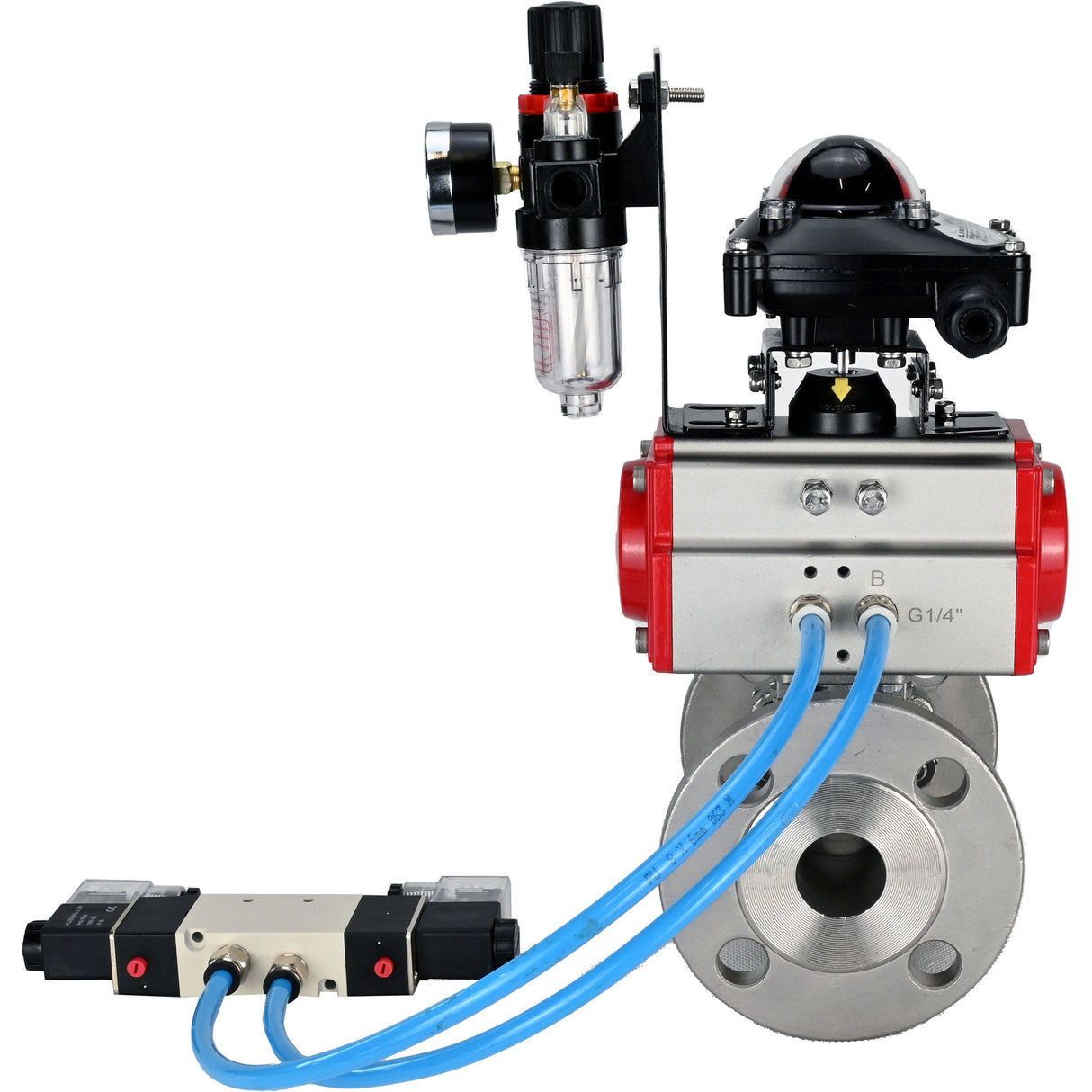 Ball valves Elephant BV3131P(3pc)-FP-F-ISO-H 16 bar, three-piece full bore flanged, stainless steel SS304, seal - PTFE, with double-acting PA-DA pneumatic actuator, with pneumatic distributor 4V320-08 220V, with LSU APL-210N, with ATU AFC2000