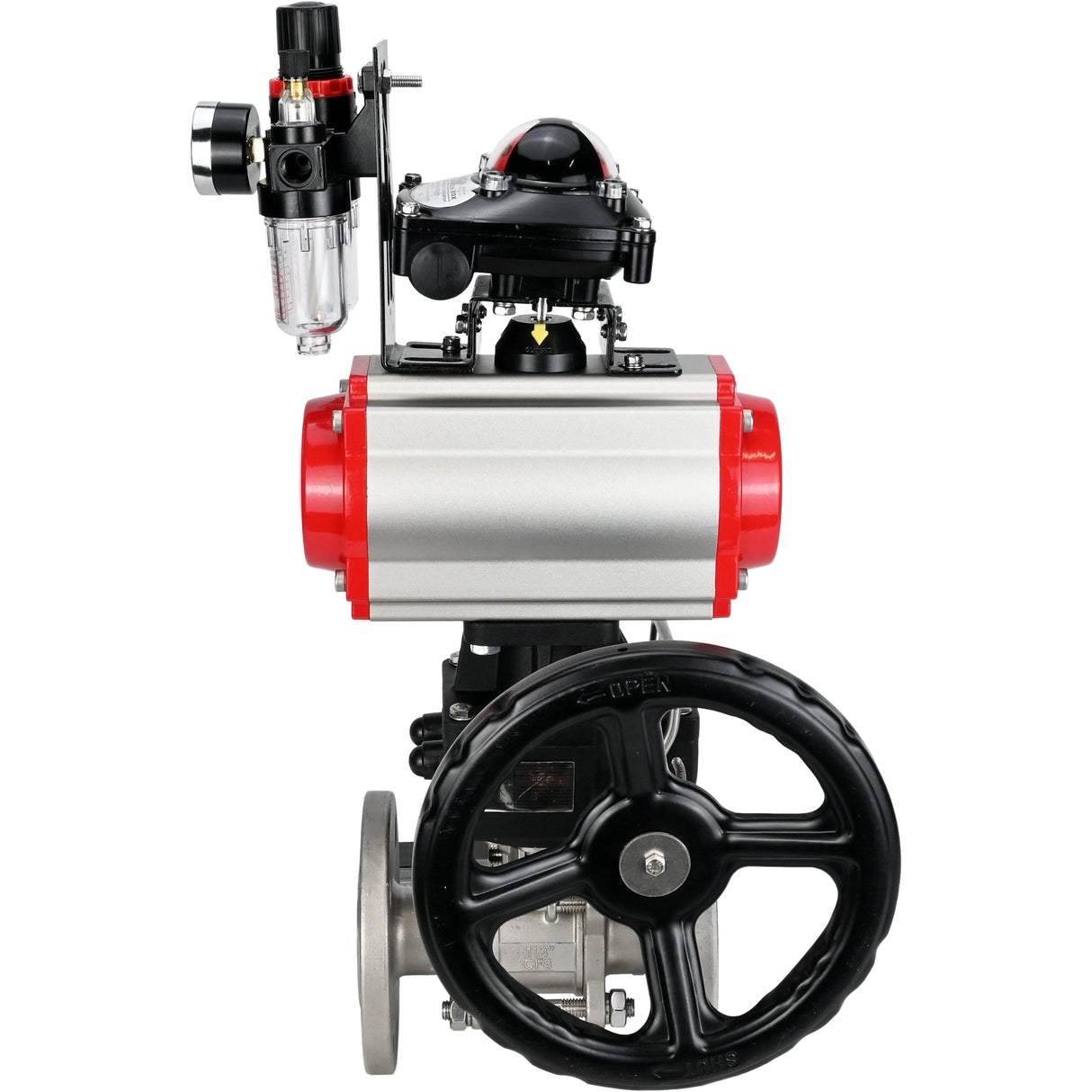 Ball valves Elephant BV3232P(3pc)-FP-F-ISO-H,  body material - Stainless steel AISI 316, seal - PTFE / PTFE / Teflon, with pneumatic actuator double action PA-DA, 4V320-10 220V, LSU APL-210N, handwheel MON, ATU AFC2000
