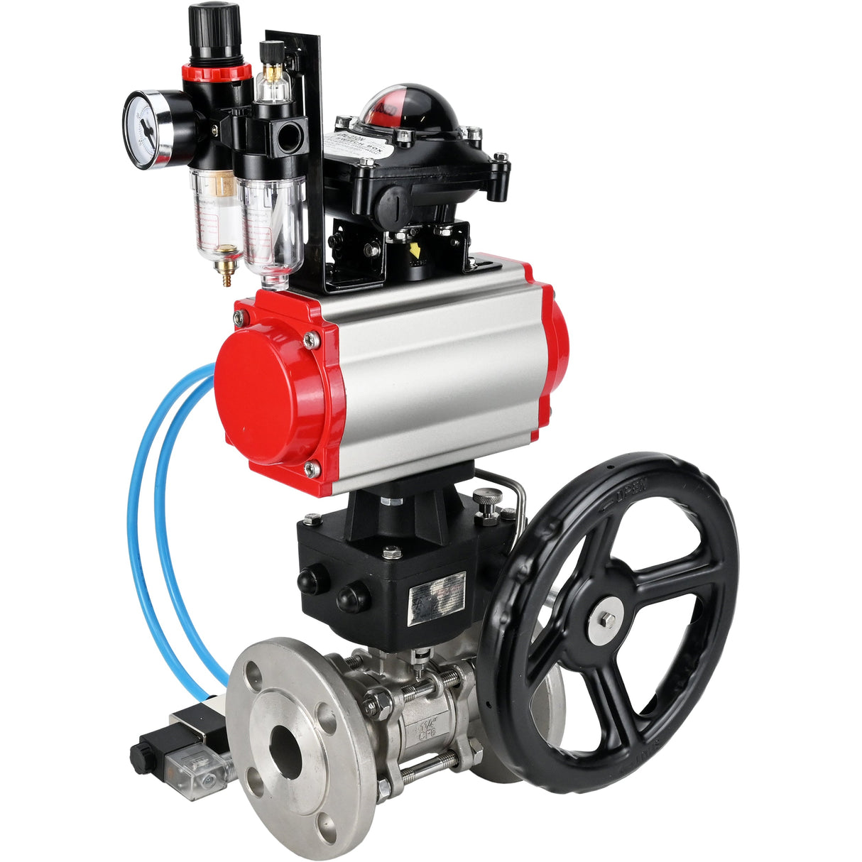 Ball valves Elephant BV3232P(3pc)-FP-F-ISO-H,  body material - Stainless steel AISI 316, seal - PTFE / PTFE / Teflon, with pneumatic actuator double action PA-DA, 4V320-10 220V, LSU APL-210N, handwheel MON, ATU AFC2000