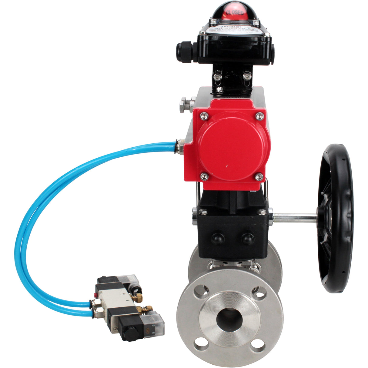 Ball valves Elephant BV3232P(3pc)-FP-F-ISO-H,  body material - Stainless steel AISI 316, seal - PTFE / PTFE / Teflon, with pneumatic actuator double action PA-DA, 4V320-10 220V, LSU APL-210N, handwheel MON