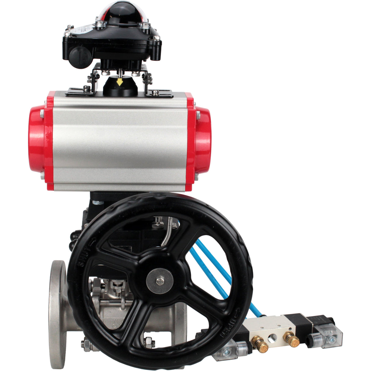 Ball valves Elephant BV3232P(3pc)-FP-F-ISO-H,  body material - Stainless steel AISI 316, seal - PTFE / PTFE / Teflon, with pneumatic actuator double action PA-DA, 4V320-10 220V, LSU APL-210N, handwheel MON