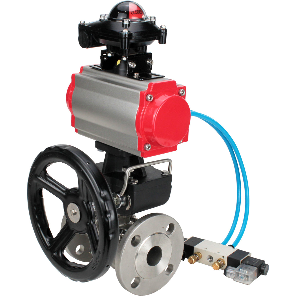 Ball valves Elephant BV3232P(3pc)-FP-F-ISO-H,  body material - Stainless steel AISI 316, seal - PTFE / PTFE / Teflon, with pneumatic actuator double action PA-DA, 4V320-10 220V, LSU APL-210N, handwheel MON