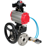 Ball valves Elephant BV3232P(3pc)-FP-F-ISO-H,  body material - Stainless steel AISI 316, seal - PTFE / PTFE / Teflon, with pneumatic actuator double action PA-DA, 4V320-10 220V, LSU APL-210N, handwheel MON