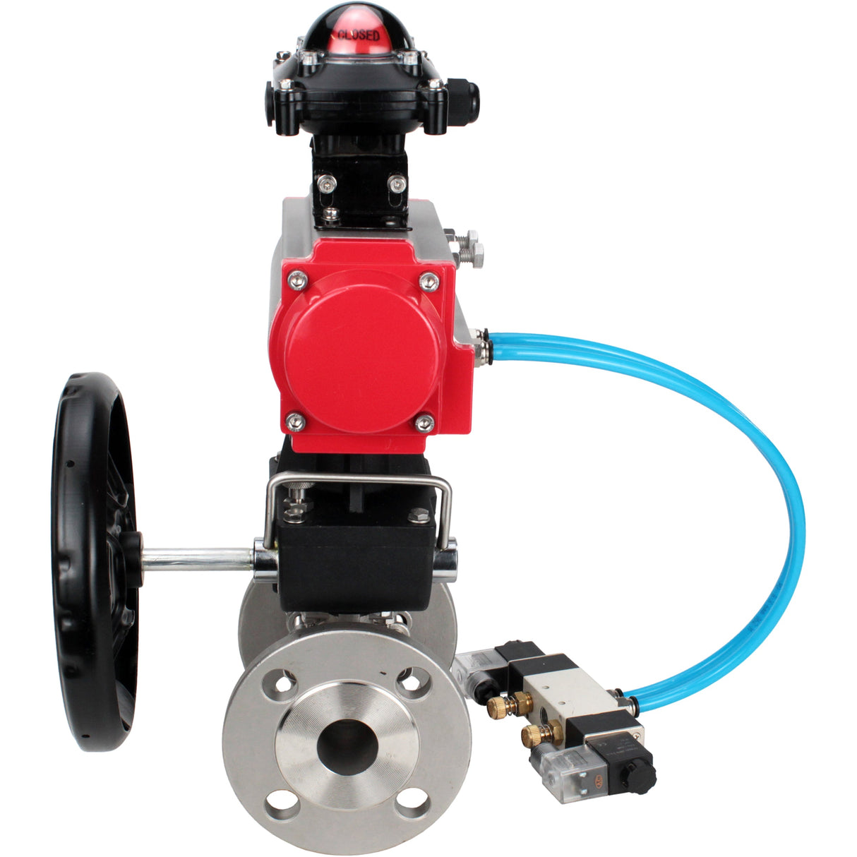 Ball valves Elephant BV3232P(3pc)-FP-F-ISO-H,  body material - Stainless steel AISI 316, seal - PTFE / PTFE / Teflon, with pneumatic actuator double action PA-DA, 4V320-10 220V, LSU APL-210N, handwheel MON