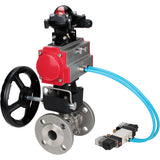 Ball valves Elephant BV3232P(3pc)-FP-F-ISO-H,  body material - Stainless steel AISI 316, seal - PTFE / PTFE / Teflon, with pneumatic actuator double action PA-DA, 4V320-10 220V, LSU APL-210N, handwheel MON