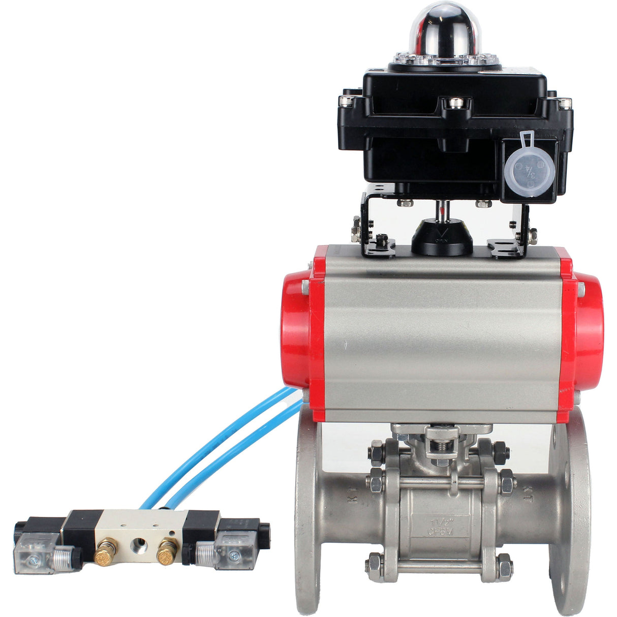 Ball valves Elephant BV3131P(3pc)-FP-F-ISO-H 16 bar, three-piece full bore flanged, stainless steel SS304, seal - PTFE, with pneumatic actuator PA-SA with return springs, with pneumatic distributor 4V320-08 220V, with LSU APL-410N EX