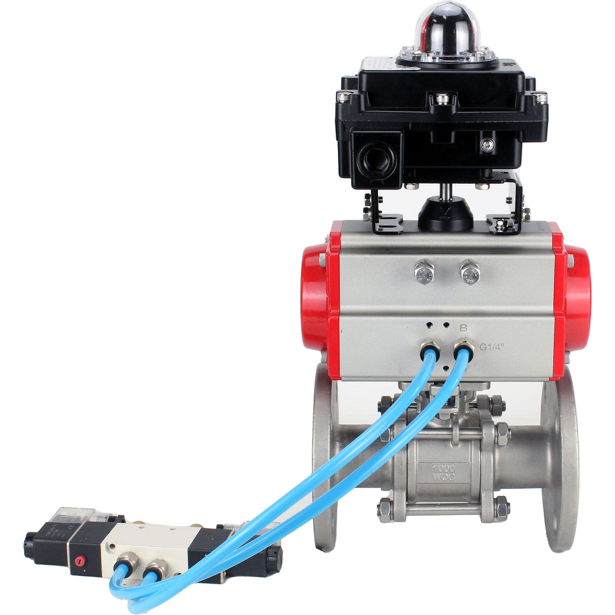 Ball valves Elephant BV3131P(3pc)-FP-F-ISO-H 16 bar, three-piece full bore flanged, stainless steel SS304, seal - PTFE, with pneumatic actuator PA-SA with return springs, with pneumatic distributor 4V320-10 220V, with LSU APL-410N EX