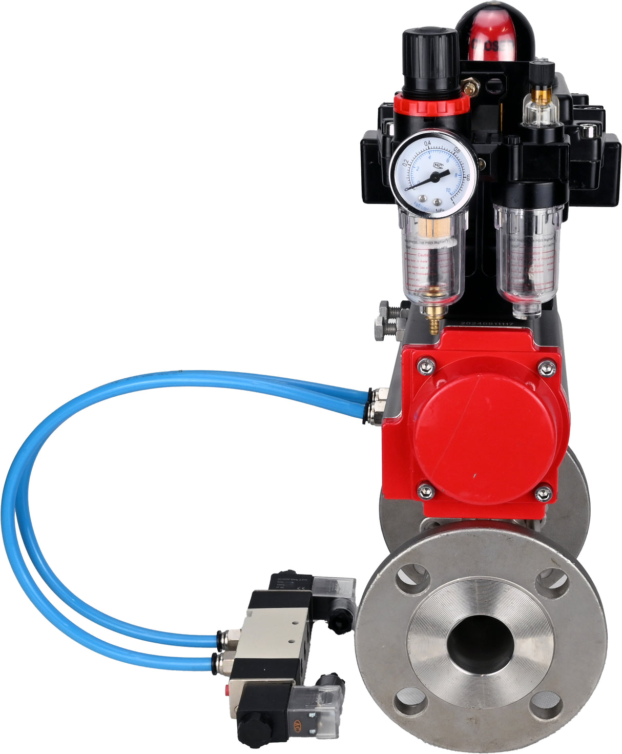 Ball valves Elephant BV3131P(3pc)-FP-F-ISO-H 16 bar, three-piece full bore flanged, stainless steel SS304, PTFE, with pneumatic actuator PA-SA with return springs, with pneumatic distributor 4V320-08 220V, with LSU APL -410N EX, with ATU AFC2000
