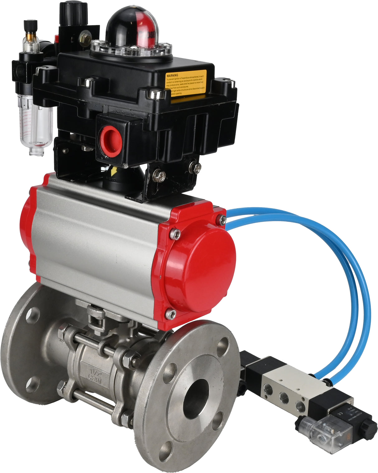 Ball valves Elephant BV3131P(3pc)-FP-F-ISO-H 16 bar, three-piece full bore flanged, stainless steel SS304, PTFE, with pneumatic actuator PA-SA with return springs, with pneumatic distributor 4V320-08 220V, with LSU APL -410N EX, with ATU AFC2000