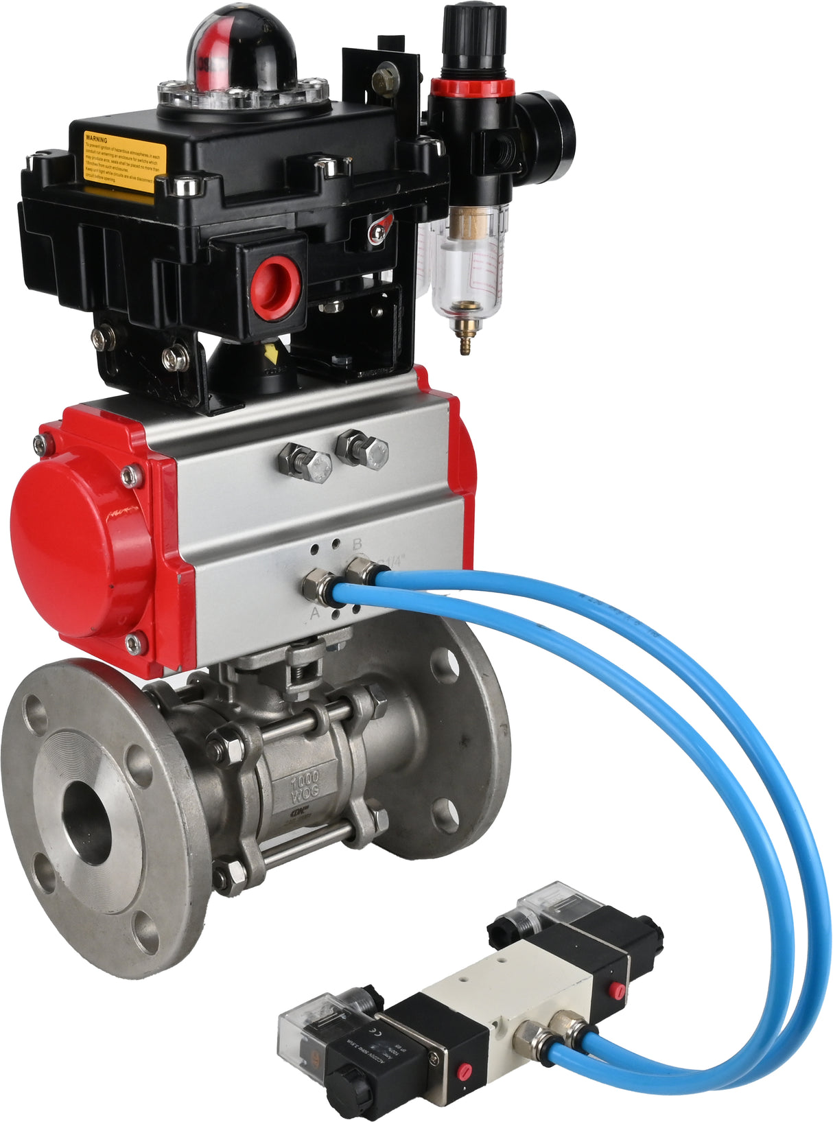 Ball valves Elephant BV3131P(3pc)-FP-F-ISO-H 16 bar, three-piece full bore flanged, stainless steel SS304, PTFE, with pneumatic actuator PA-SA with return springs, with pneumatic distributor 4V320-08 220V, with LSU APL -410N EX, with ATU AFC2000