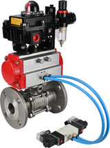 Ball valves Elephant BV3131P(3pc)-FP-F-ISO-H 16 bar, three-piece full bore flanged, stainless steel SS304, PTFE, with pneumatic actuator PA-SA with return springs, with pneumatic distributor 4V320-08 220V, with LSU APL -410N EX, with ATU AFC2000