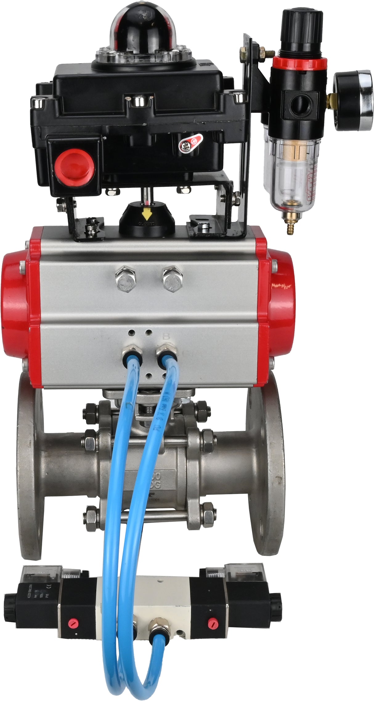 Ball valves Elephant BV3131P(3pc)-FP-F-ISO-H 16 bar, three-piece full bore flanged, stainless steel SS304, PTFE, with pneumatic actuator PA-SA with return springs, with pneumatic distributor 4V320-08 220V, with LSU APL -410N EX, with ATU AFC2000