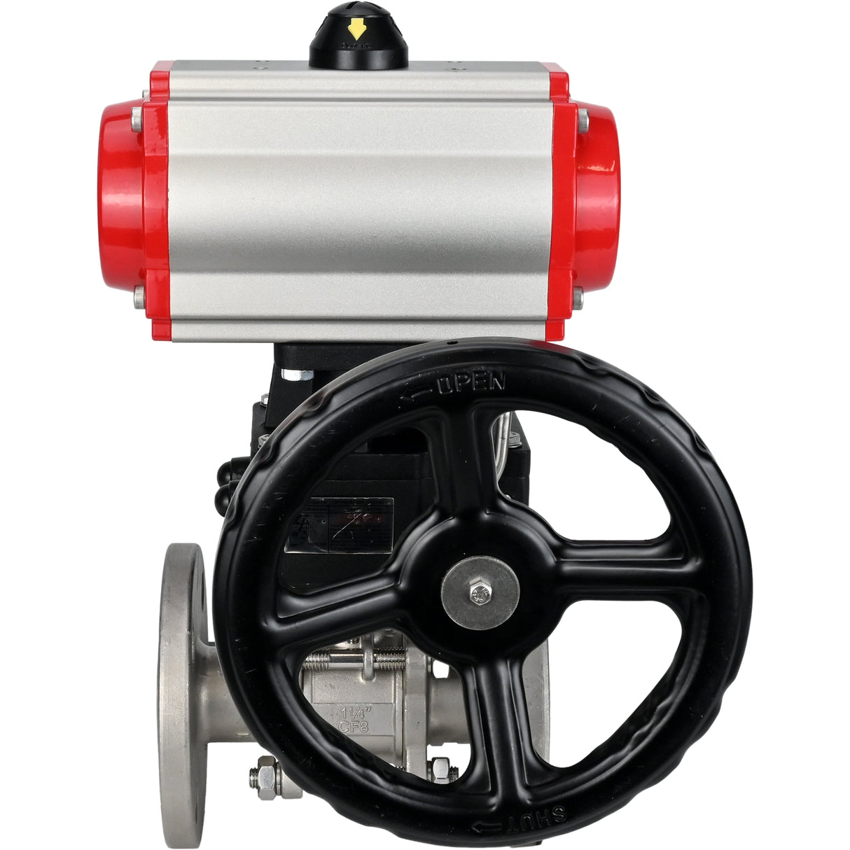 Ball valves Elephant BV3232P(3pc)-FP-F-ISO-H,  body material - Stainless steel AISI 316, seal - PTFE / PTFE / Teflon, with pneumatic actuator double action PA-DA, 4V320-10 220V, handwheel MON