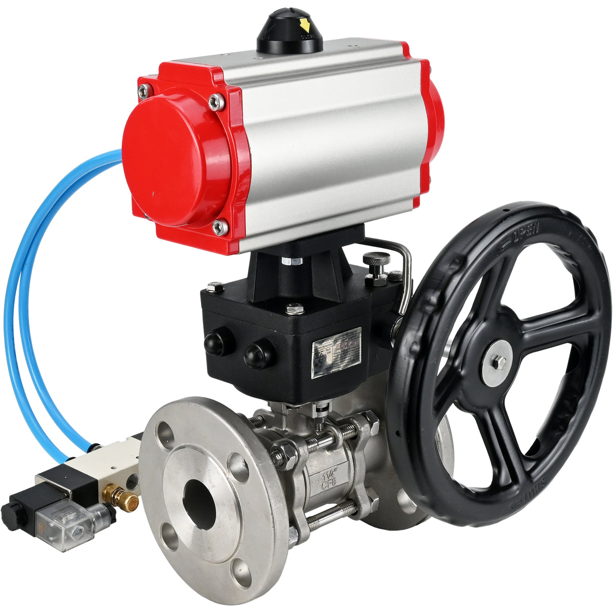 Ball valves Elephant BV3131P(3pc)-FP-F-ISO-H,  body material - Stainless steel AISI 304, seal - PTFE / PTFE / Teflon, with pneumatic actuator double action PA-DA, 4V320-10 220V, handwheel MON