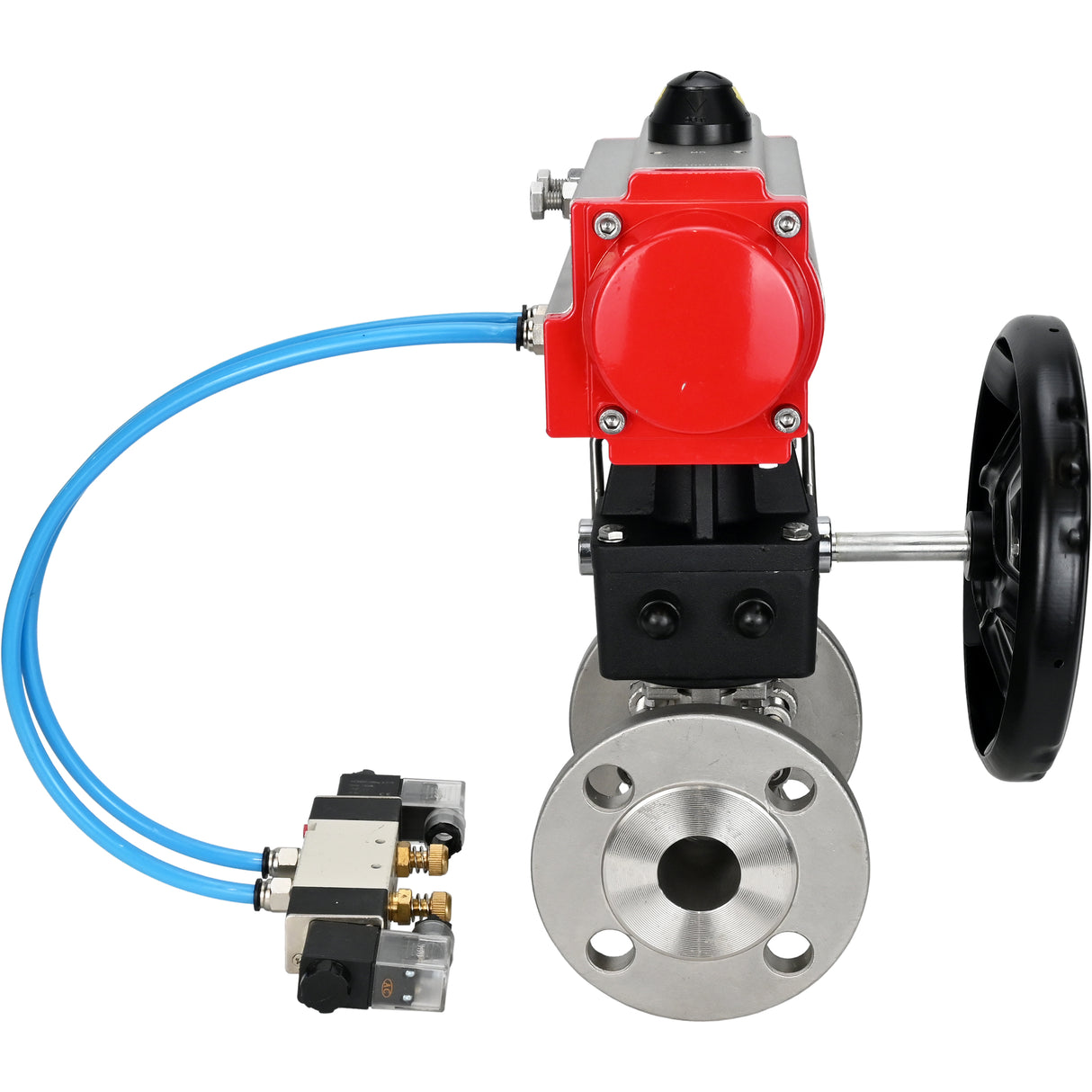 Ball valves Elephant BV3131P(3pc)-FP-F-ISO-H,  body material - Stainless steel AISI 304, seal - PTFE / PTFE / Teflon, with pneumatic actuator double action PA-DA, 4V320-10 220V, handwheel MON