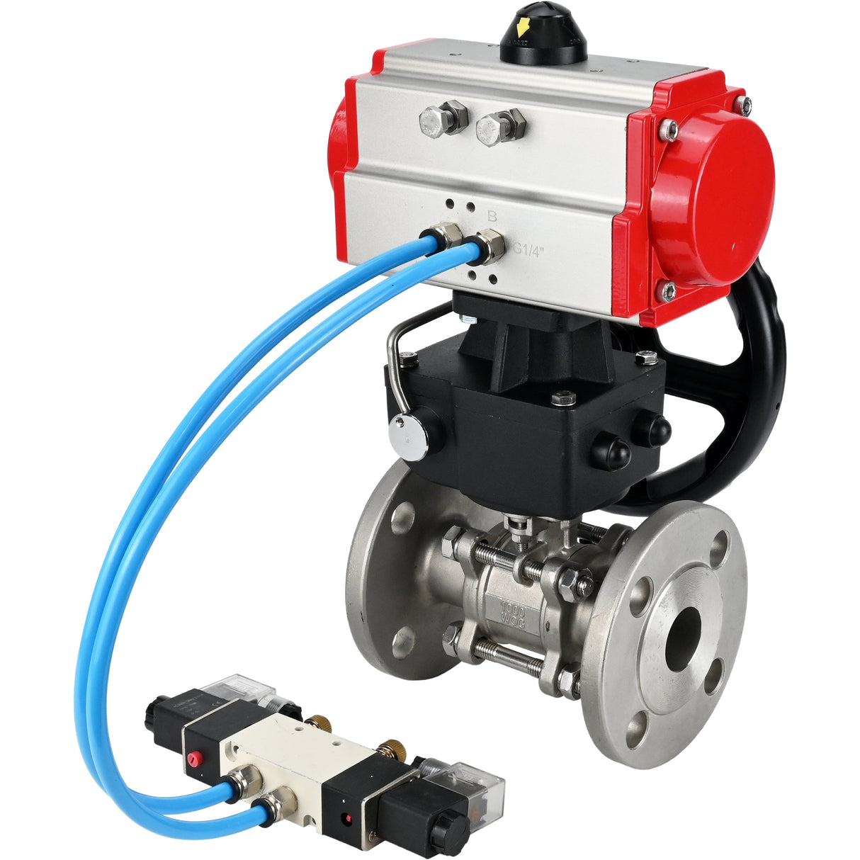 Ball valves Elephant BV3232P(3pc)-FP-F-ISO-H,  body material - Stainless steel AISI 316, seal - PTFE / PTFE / Teflon, with pneumatic actuator double action PA-DA, 4V320-10 220V, handwheel MON