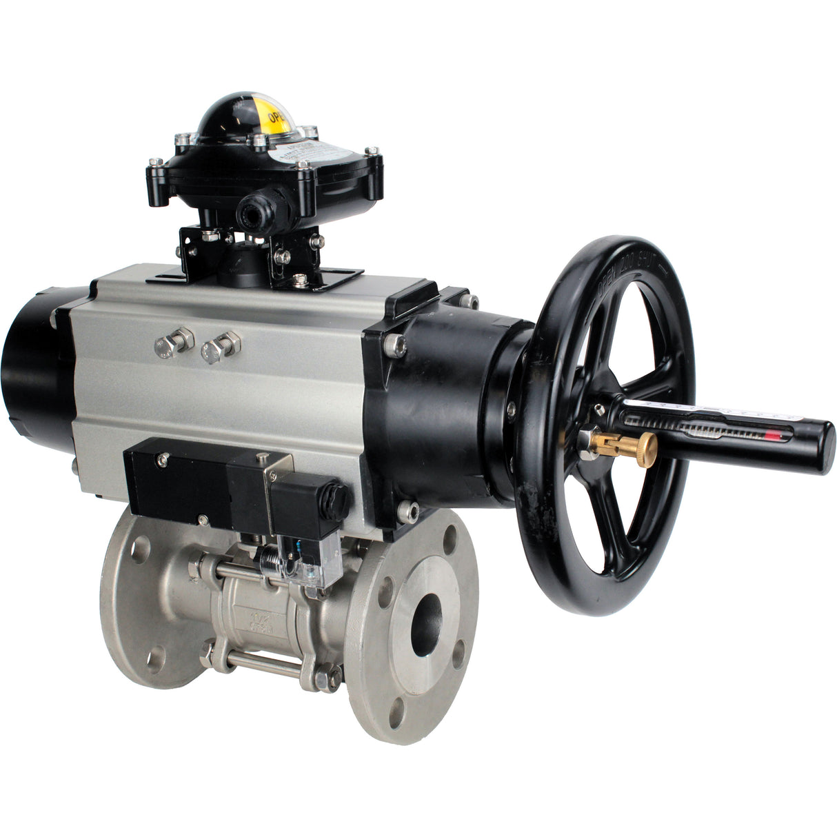 Ball valves Elephant BV3131P(3pc)-FP-F-ISO-H DN65-80 16 bar, three-piece full bore flanged, stainless steel SS304, seal - PTFE, with pneumatic actuator PA-DA-105-1 double acting, with pneumatic distributor 4M310-08 220V, with LSU APL-210N