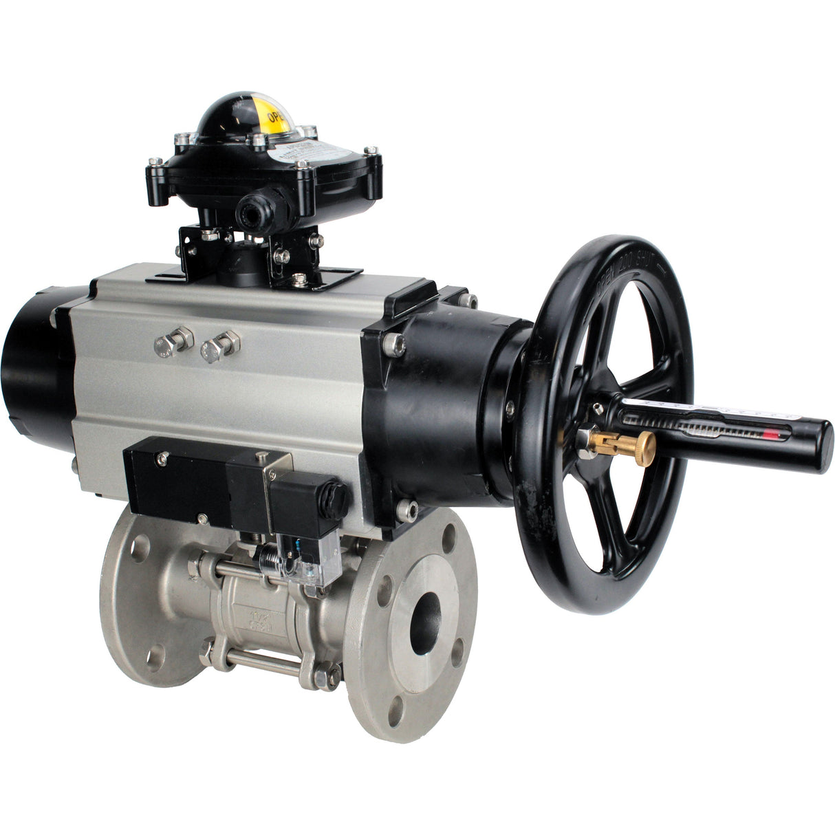 Ball valves Elephant BV3232P(3pc)-FP-F-ISO-H DN65-80 16 bar, three-piece full bore flanged, stainless steel SS304, seal - PTFE, with pneumatic actuator PA-DA-105-1 double acting, with pneumatic distributor 4M310-08 220V, with LSU APL-210N