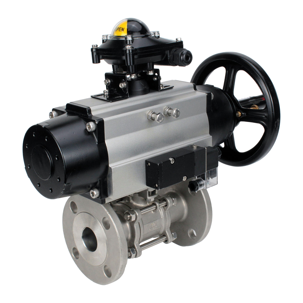 Ball valves Elephant BV3131P(3pc)-FP-F-ISO-H DN65-80 16 bar, three-piece full bore flanged, stainless steel SS304, seal - PTFE, with pneumatic actuator PA-DA-105-1 double acting, with pneumatic distributor 4M310-08 220V, with LSU APL-210N