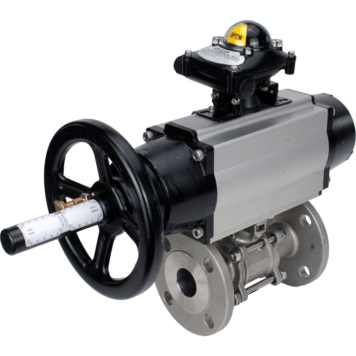 Ball valves Elephant BV3131P(3pc)-FP-F-ISO-H DN65-80 16 bar, three-piece full bore flanged, stainless steel SS304, seal - PTFE, with pneumatic actuator PA-DA-105-1 double acting, with pneumatic distributor 4M310-08 220V, with LSU APL-210N